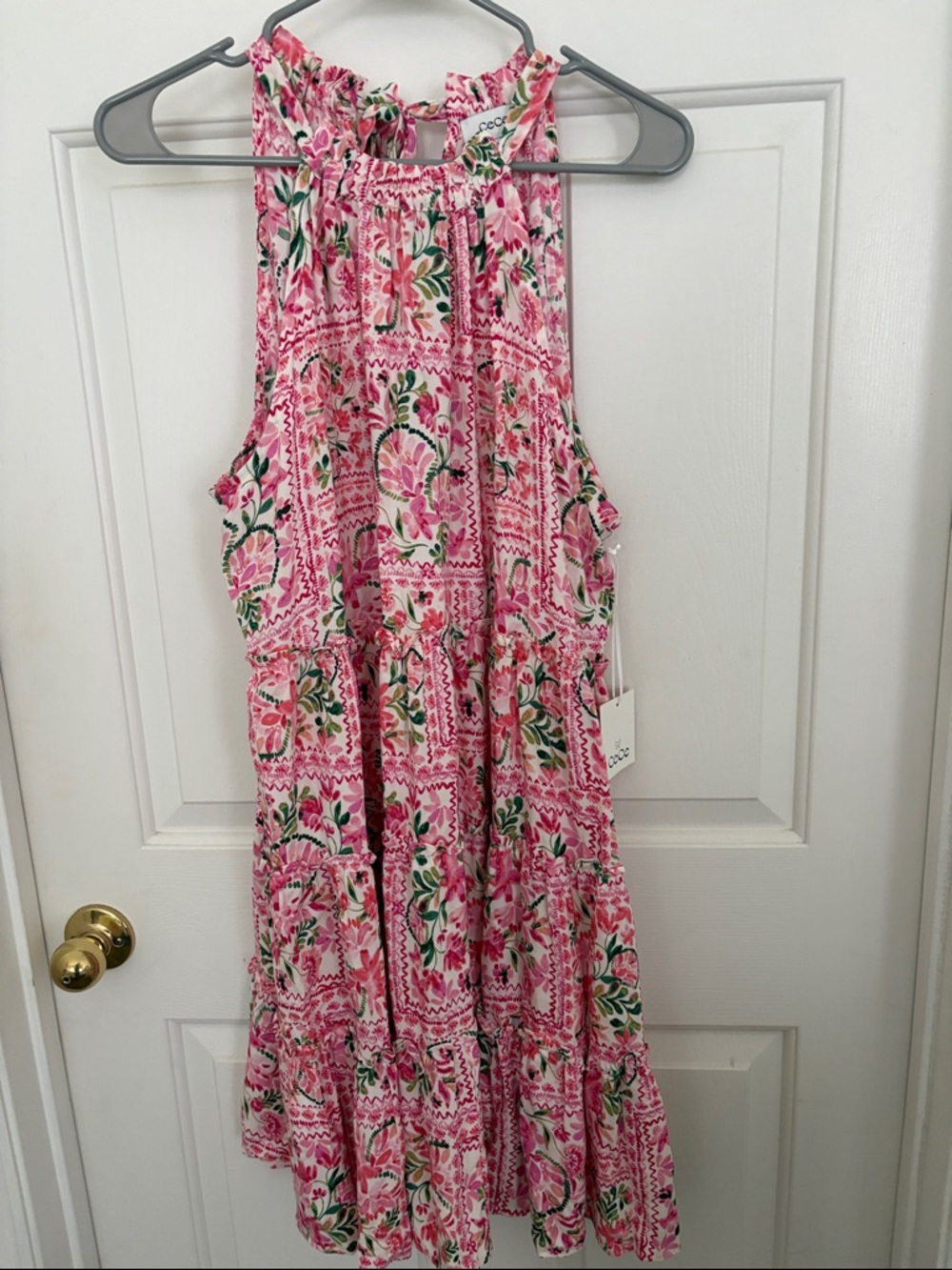 CeCe Pink Floral Tiered Midi Dress